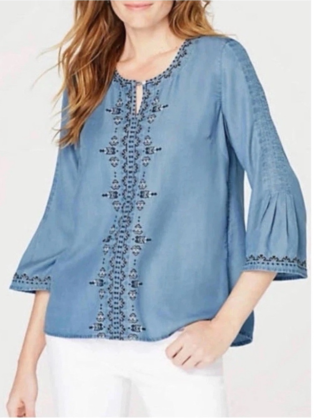 J Jill DENIM Boho Embroidered Tunic Blouse Sz LP Bell Sleeve Peasant Cottagecore